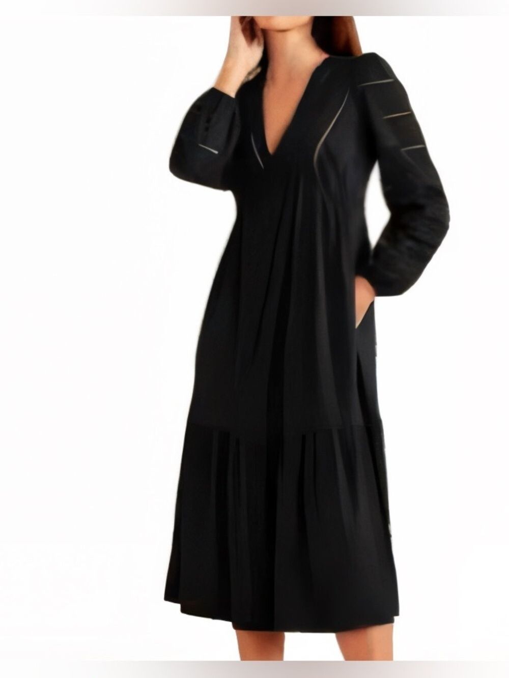 Boden Black V-Neck Tiered Mixed Media Midi Dress with Long Sleeves Size 10